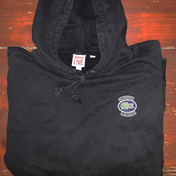 SUPREME LACOSTE HOODIE SS2018 Large Black Men’s Heavt Duty Hooded Sweatshirt - Picture 2 of 5